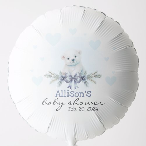 Blue Polar Bear Cub Boy Hearts Winter Baby Shower Balloon