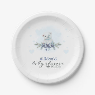 Blue Polar Bear Cub Boy Hearts Winter Baby Shower Paper Plates