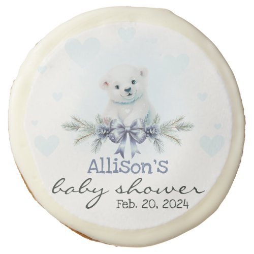 Blue Polar Bear Cub Boy Hearts Winter Baby Shower Sugar Cookie
