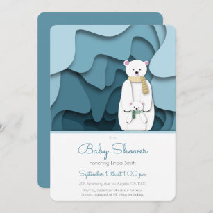 Blue Polar Bear Mom and Baby in Cave Baby Shower Invitation