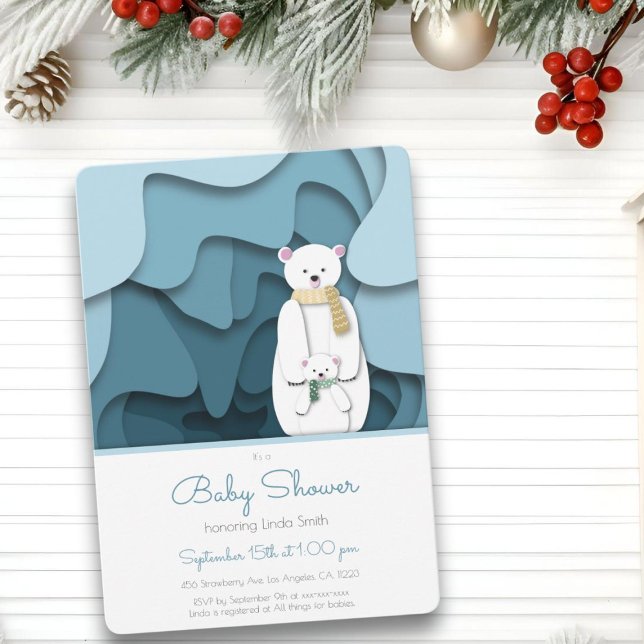 Blue Polar Bear Mom and Baby in Cave Baby Shower Invitation (Creator Uploaded)