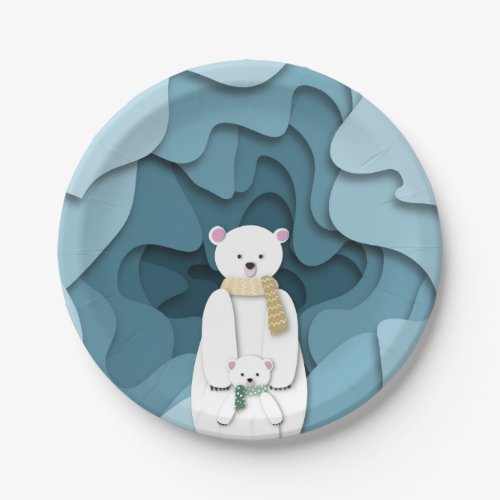 Blue Polar Bear Mom and Baby in Cave Party Paper Plates