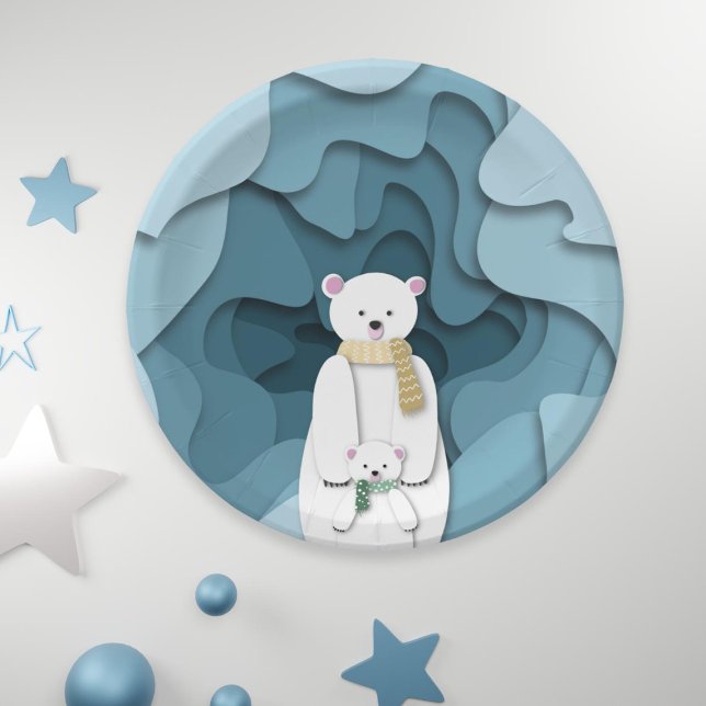 Blue Polar Bear Mom and Baby in Cave Party Paper Plates (Creator Uploaded)