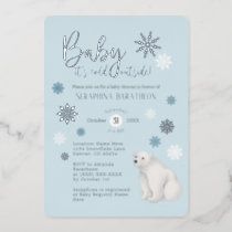 Blue Polar Bear Silver Foil Snowflake Baby Shower Foil Invitation