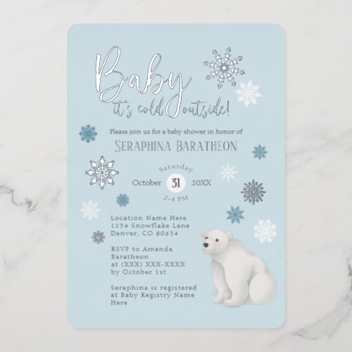 Blue Polar Bear Silver Foil Snowflake Baby Shower Foil Invitation