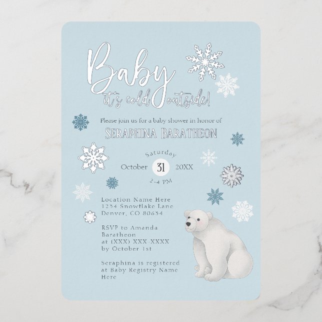 Blue Polar Bear Silver Foil Snowflake Baby Shower Foil Invitation (Front)