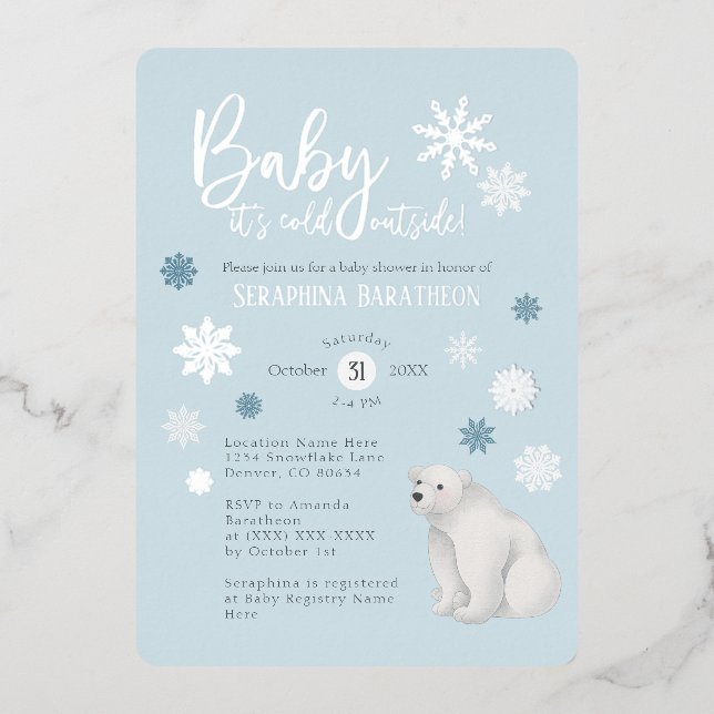 Blue Polar Bear Silver Foil Snowflake Baby Shower Invitation (Front)