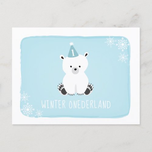 Blue Polar Bear Winter Onederland First Birthday Invitation Postcard