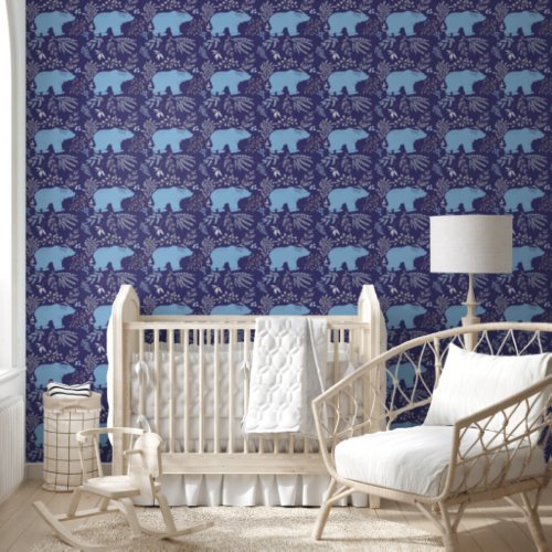 Blue Polar Bears  Christmas Leaf Patterns on navy Wallpaper