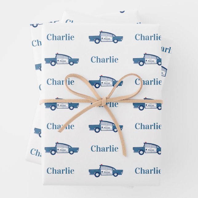 Blue Police Officer Birthday Party Custom Wrapping Paper Sheets (In situ)