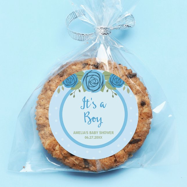 Blue Polka Dot and Roses It's a Boy Baby Shower Classic Round Sticker (Creator Uploaded)