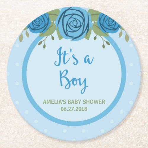 Blue Polka Dot and Roses Its a Boy Baby Shower Round Paper Coaster