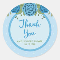 Blue Polka Dot and Roses Thank You Classic Round Sticker