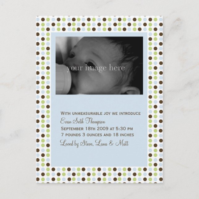 Blue Polka Dot Baby Announcement Postcard (Front)