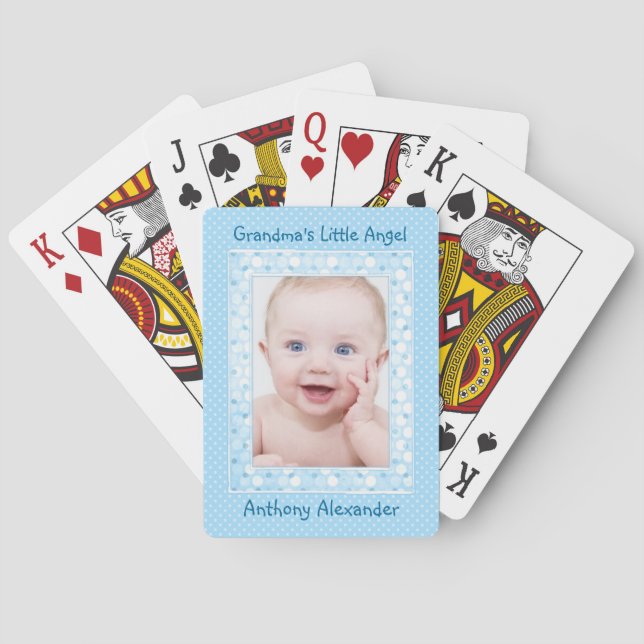 Blue Polka Dot Baby Boy Photo Template Poker Cards (Back)