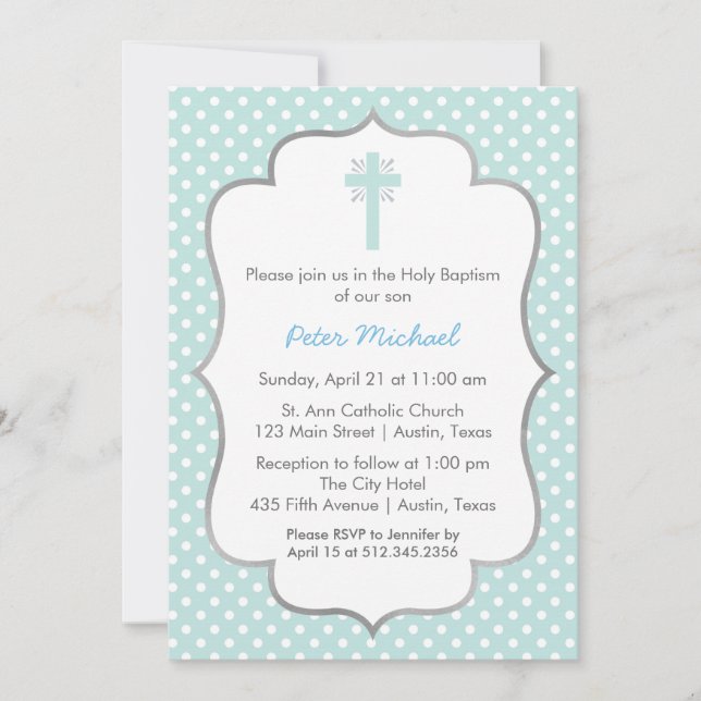 Blue Polka Dot Baptism with Cross and Silver Frame Invitation (Front)