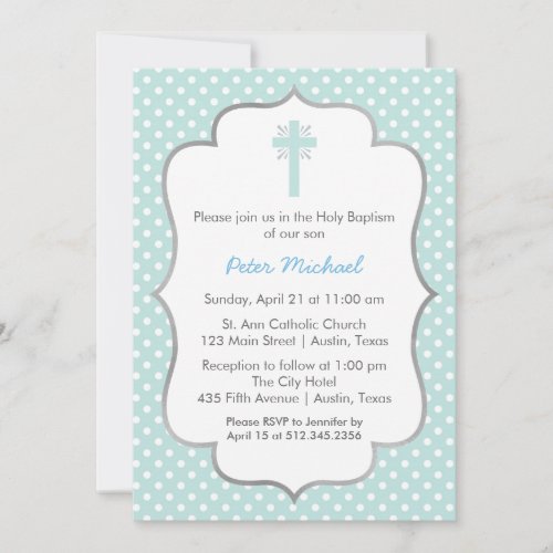 Blue Polka Dot Baptism with Cross and Silver Frame Invitation