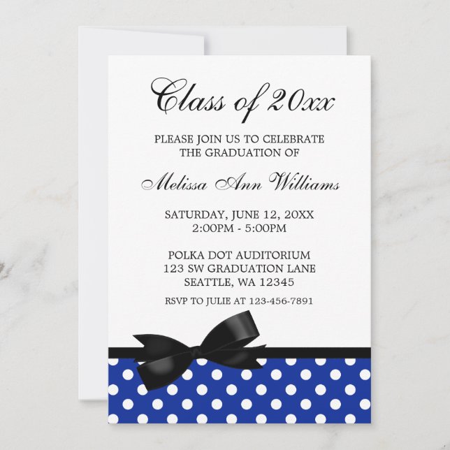 Blue Polka Dot Black Bow Graduation Announcement (Front)
