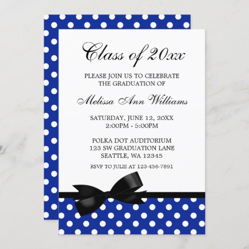 Blue Polka Dot Black Bow Graduation Announcement