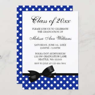 Blue Polka Dot Black Bow Graduation Announcement