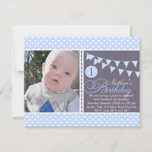 Blue Polka Dot Bunting First Birthday Invite