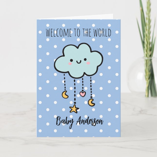 Blue Polka Dot Cloud Welcome Baby Boy Name Card (Front)