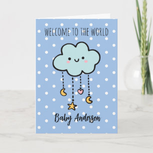 Blue Polka Dot Cloud Welcome Baby Boy Name Card