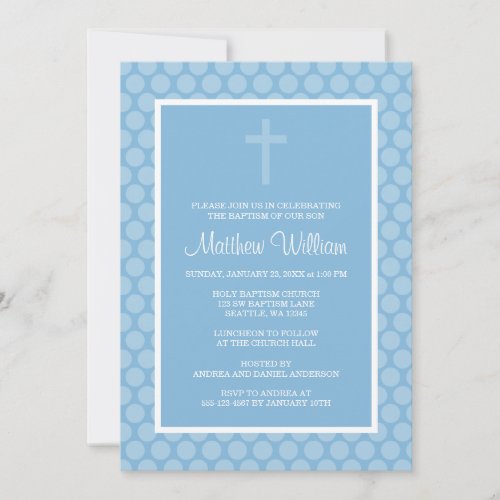 Blue Polka Dot Cross Boy Baptism Christening Custom Invites