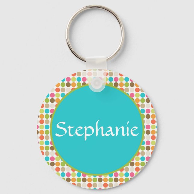 Blue Polka Dot Customizable Name Button Keychain (Front)