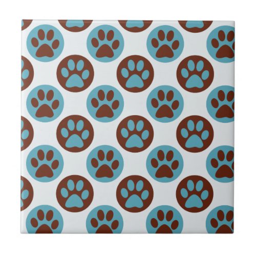 Blue Polka Dot Dog Paw Pattern Ceramic Tile