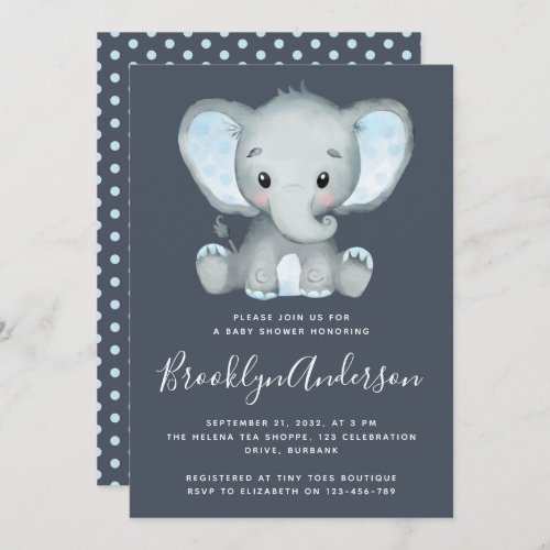 Blue Polka Dot Elephant Baby Shower Invitation