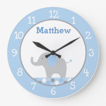 Blue Polka Dot Elephant Nursery Large Clock