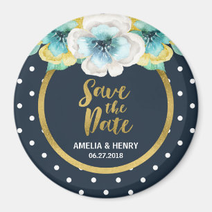 Blue Polka Dot, Faux Gold Floral Save the Date Magnet