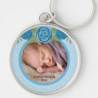 Blue Polka Dot Floral Baby Photo Keychain
