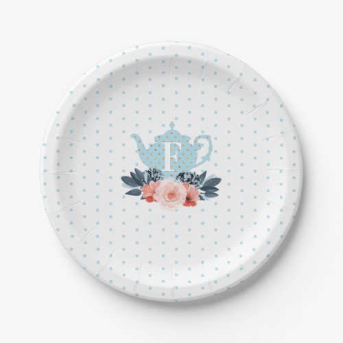 Blue Polka Dot Floral Vintage Tea Party Monogram Paper Plates