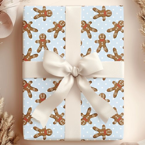 Blue Polka Dot Gingerbread Man Christmas Wrapping Paper