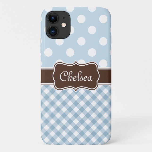Blue Polka Dot Gingham Patterns Brown Name Case-Mate iPhone Case (Back)