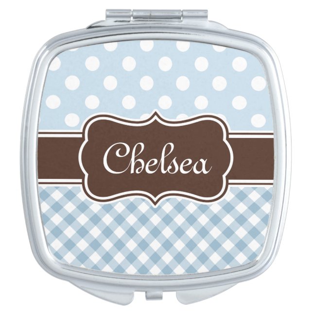 Blue Polka Dot Gingham Patterns Brown Name Compact Mirror (Front)