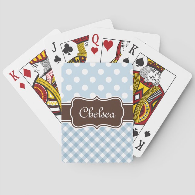 Blue Polka Dot Gingham Patterns Brown Name Poker Cards (Back)
