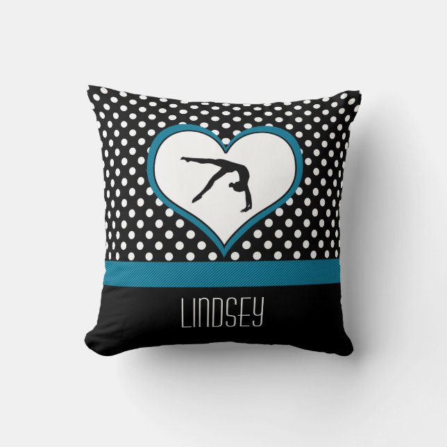 Blue Polka-Dot Gymnastics with heart Throw Pillow (Front)