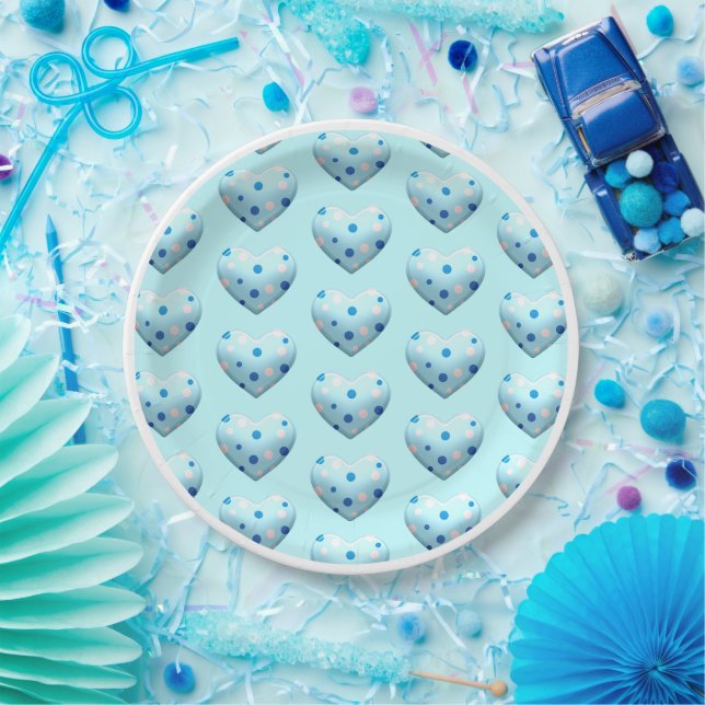 Blue Polka Dot Heart Valentine’s Day Cute Paper Plates (Party)