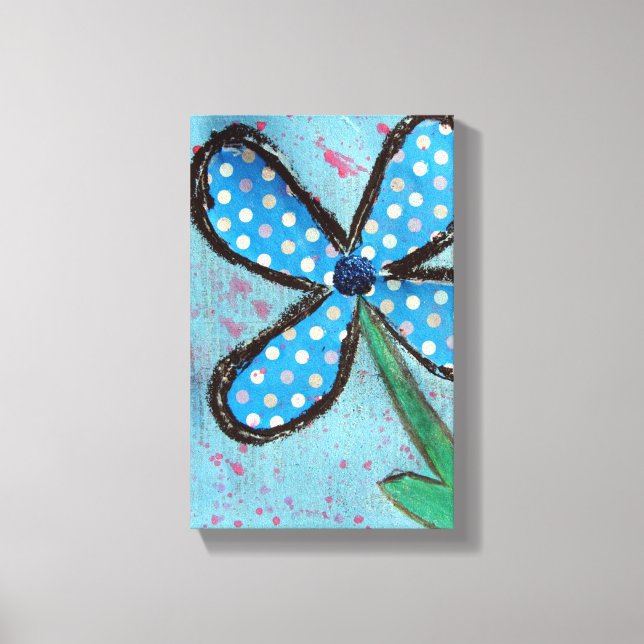 Blue Polka Dot Mixed Media Flower Canvas Print (Front)