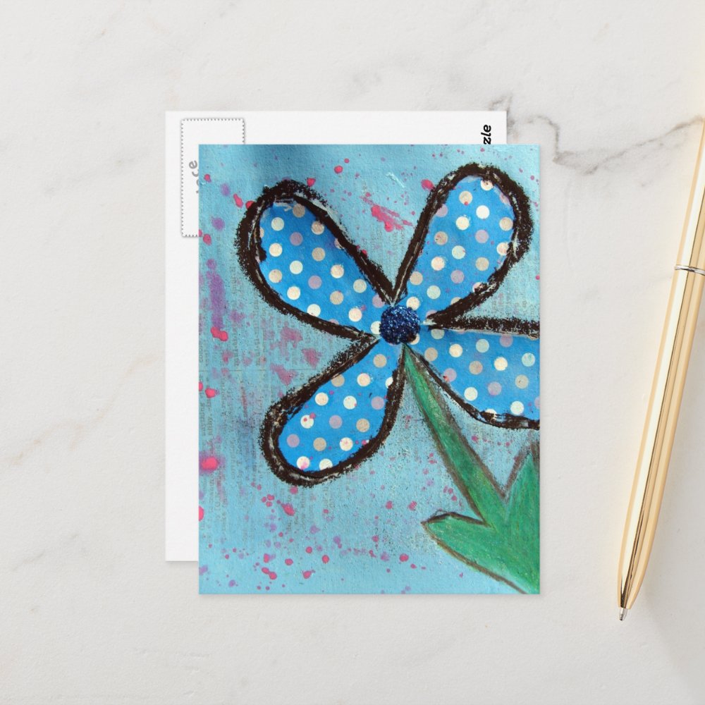 Blue Polka Dot Mixed Media Flower Postcard