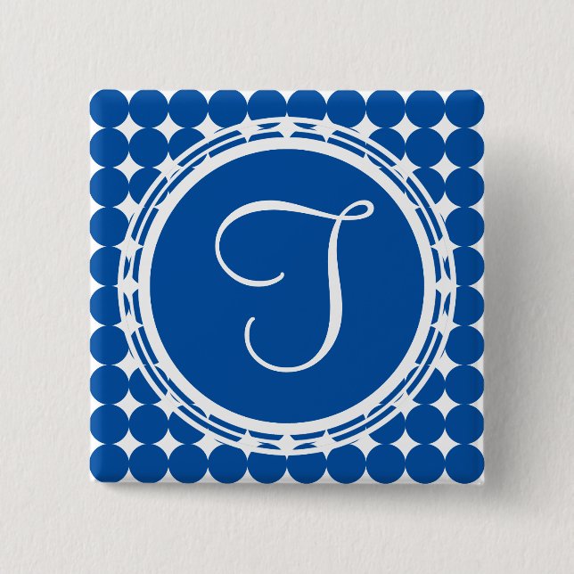 Blue Polka Dot Monogram Pinback Button (Front)