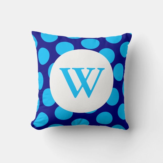 Blue Polka Dot Monogram Throw Pillow (Front)