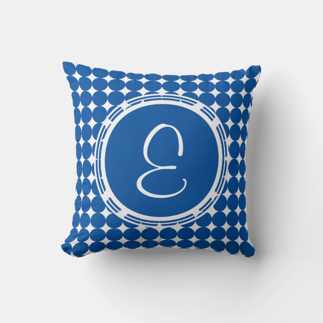 Blue Polka Dot Monogram Throw Pillow (Front)