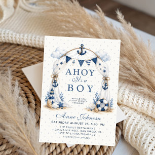 Blue Polka Dot Nautical Lighthouse Ahoy It's a Boy Invitation