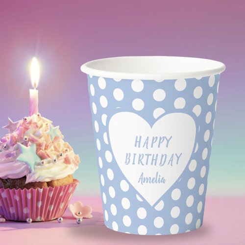 Blue Polka Dot Pattern Heart Birthday Party Paper Cups