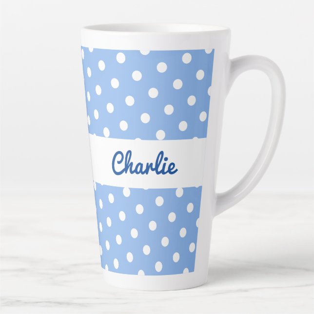 Blue Polka Dot Pattern Stylish Custom Name Pretty Latte Mug (Right)