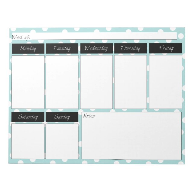 Blue Polka Dot Pattern Weekly Calendar Notepad (Front)
